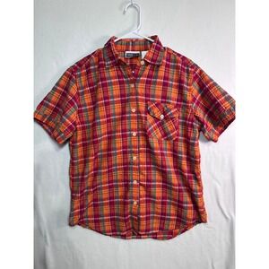 ERIKA & CO Plaid Short Sleeve Button Up Shirt Women Medium Orange Red Green